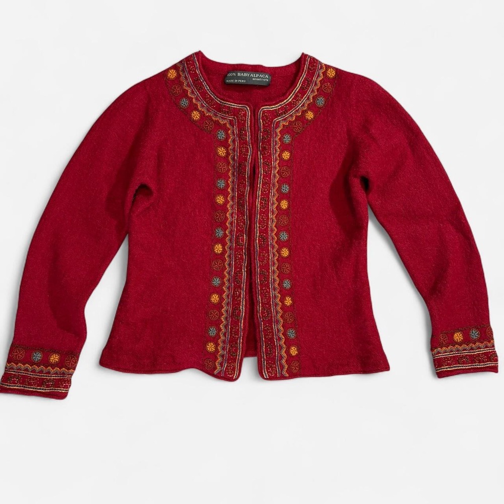 Anselmo's 100% Baby Alpaca Childrens Red Embroidered Folk Sweater Made in Peru
